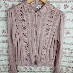 Vintage Pierre Cardin Knit Cardigan Sweater Pearl Button Embellished Pink Size L